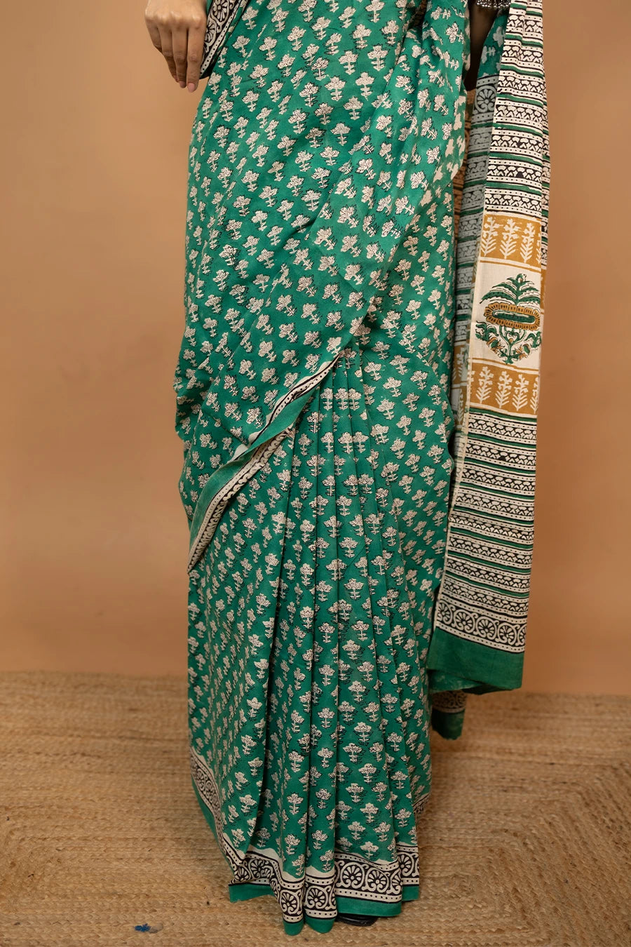 White hand block printed mulmul cotton saree