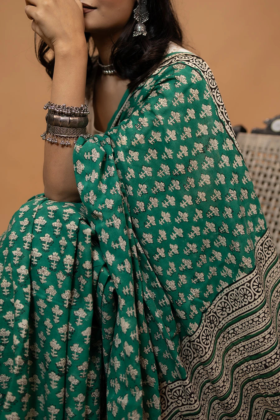 White hand block printed mulmul cotton saree