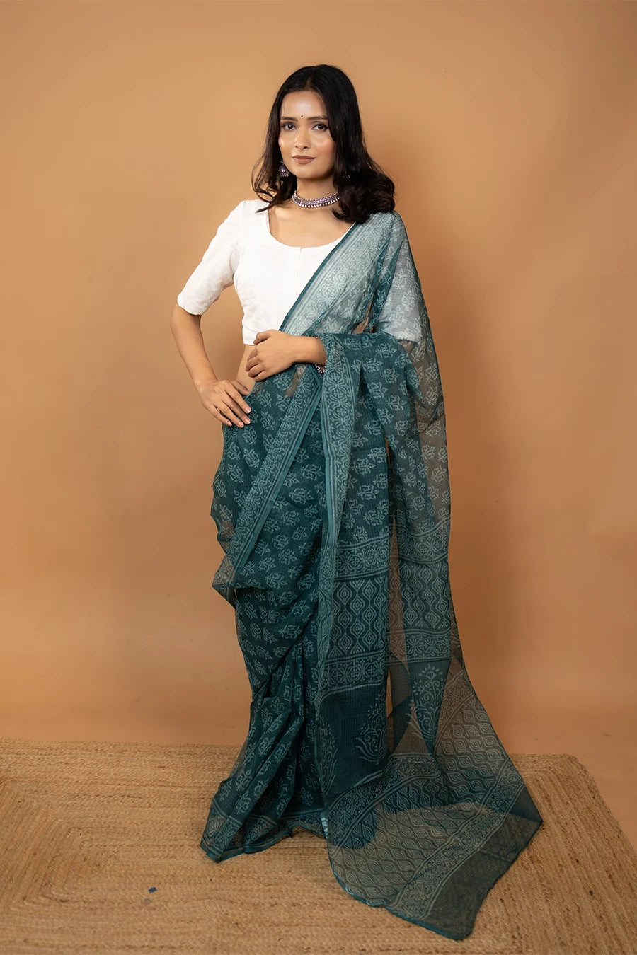 madhubala-green-hand-block-printed-pure-kota-cotton-saree