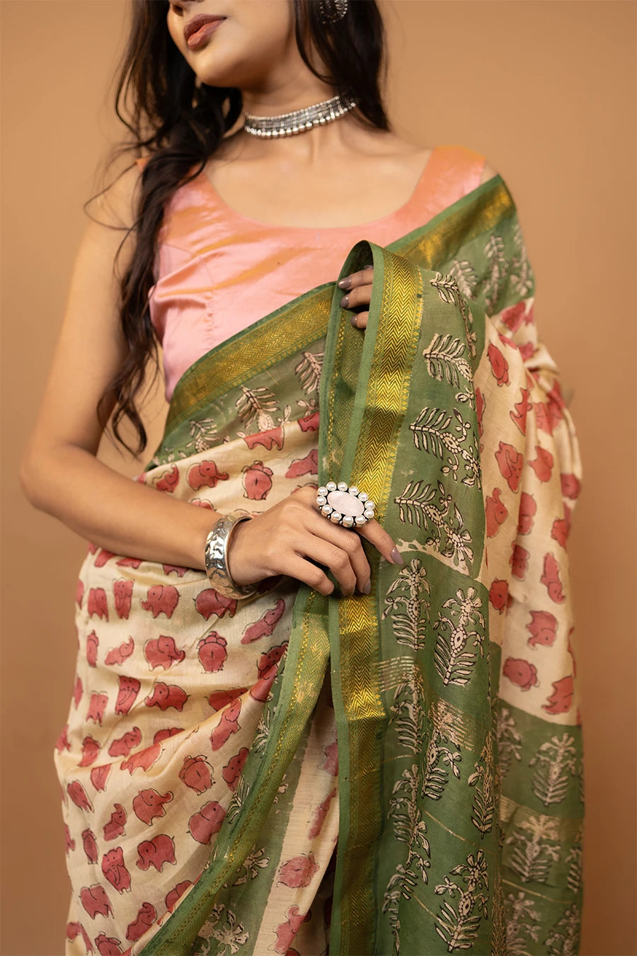 Cream block printed Maheshwari silk saree with elephant pattern
