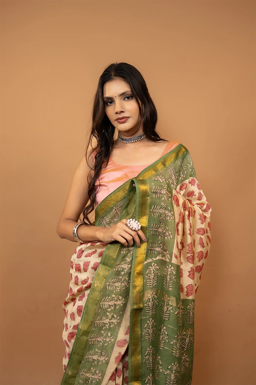 Cream block printed Maheshwari silk saree with elephant pattern