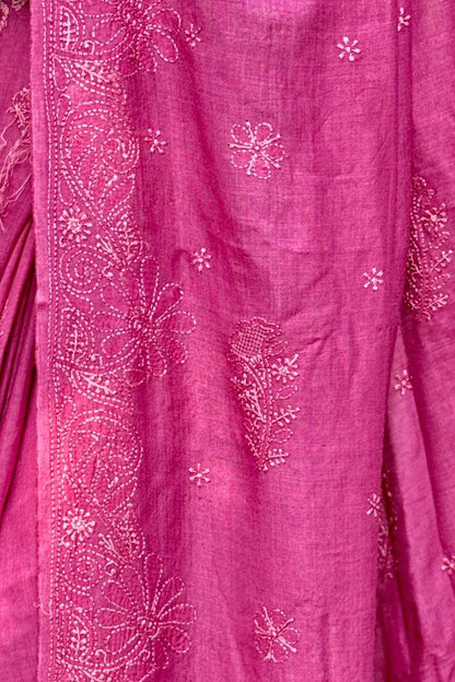 Memaana Dark Pink Tussar Silk Saree - Intricate Lucknowi Chikankari Border & Motif Detail