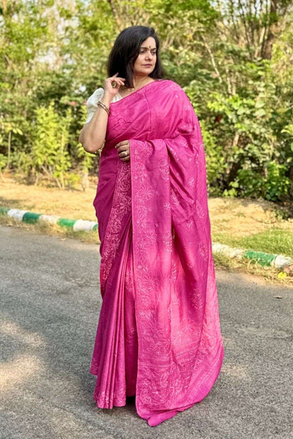 Memaana Dark Pink Handcrafted Tussar Silk Lucknowi Chikankari Saree - Front Drape View