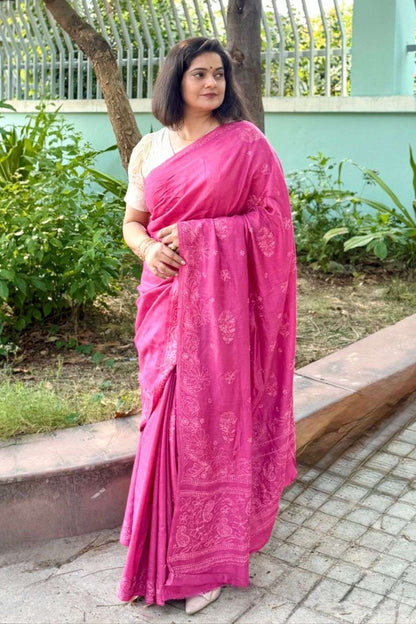 Memaana Dark Pink Tussar Silk Chikankari Saree - Complete Look with Chikankari Embroidery