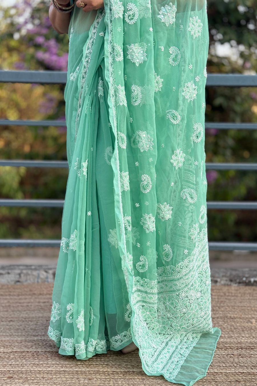 MeMaana green chikankari saree border detail with intricate floral embroidery
