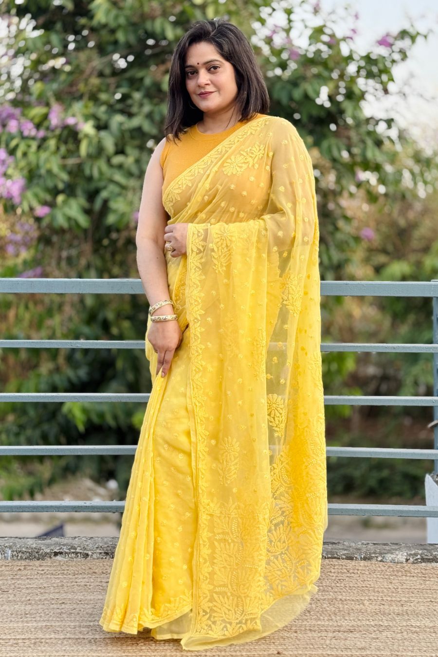 MeMaana Yellow Georgette Chikankari Saree Full View