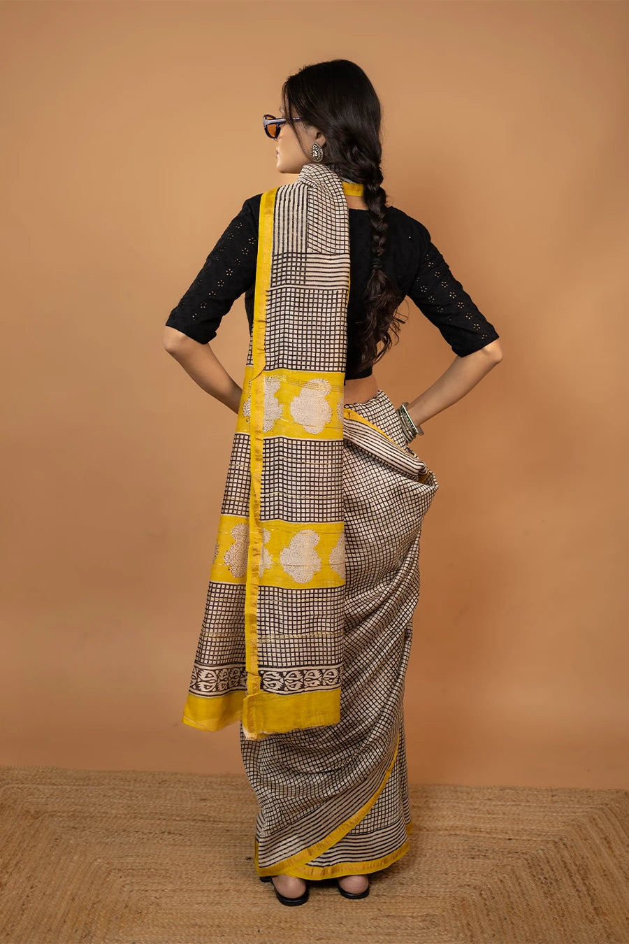 Midnight Grace black checks hand block printed Chanderi silk saree