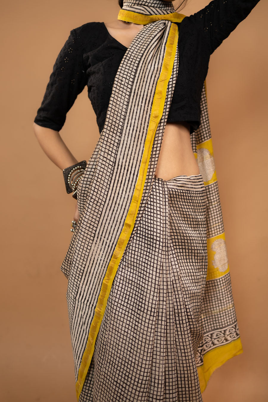Midnight Grace black checks hand block printed Chanderi silk saree