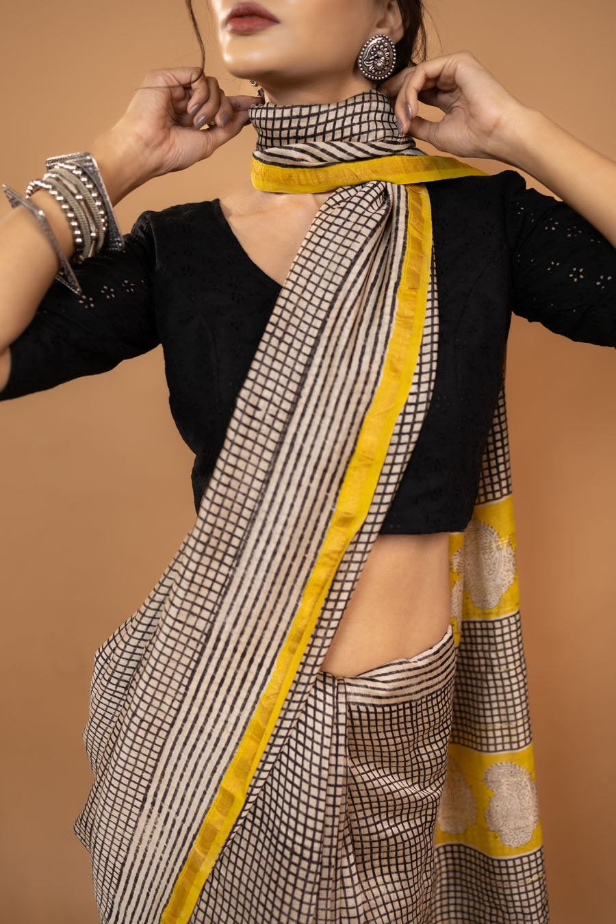 Midnight Grace black checks hand block printed Chanderi silk saree
