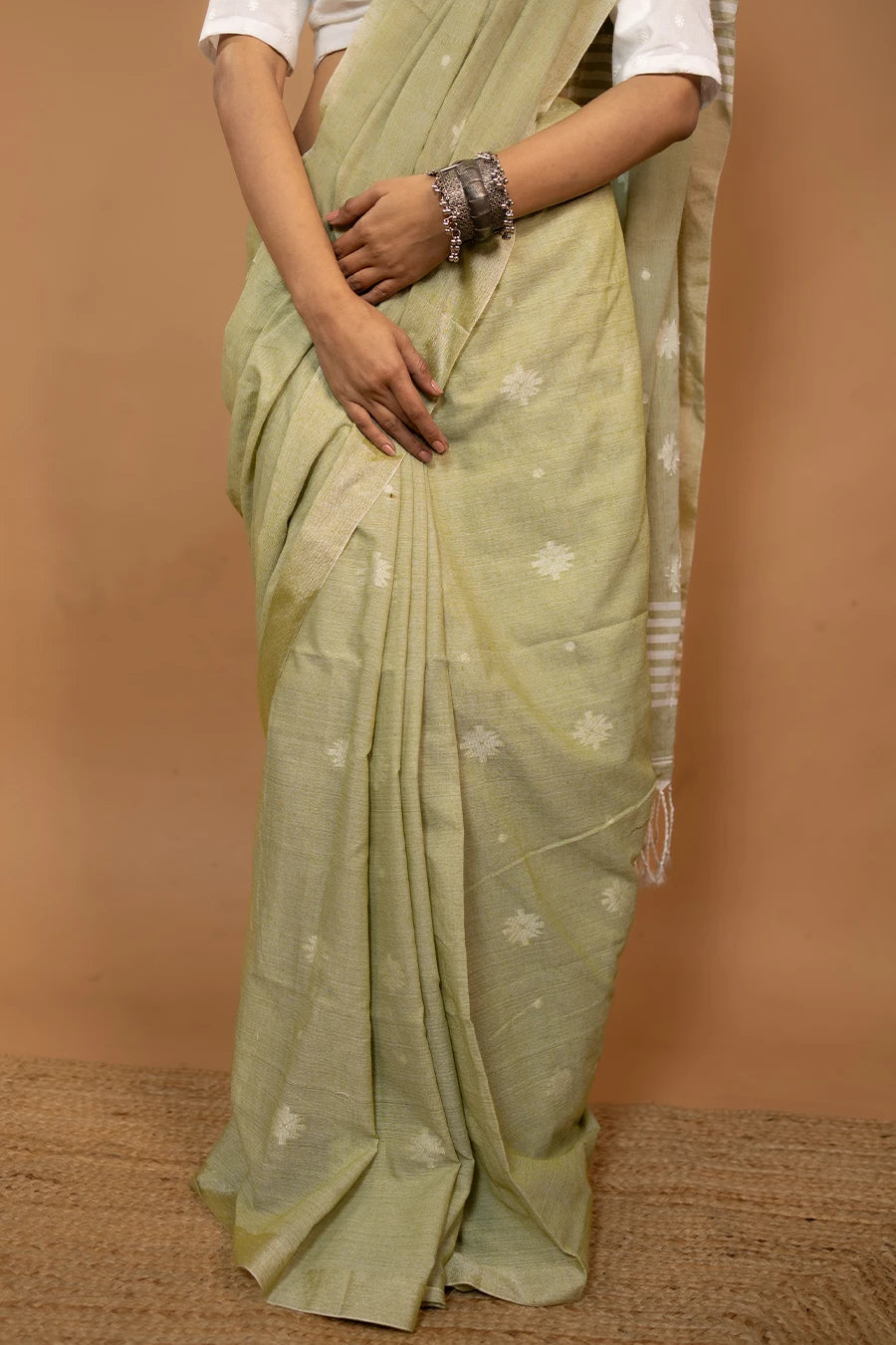 Mrinalini pista green Bengal handloom khadi cotton saree