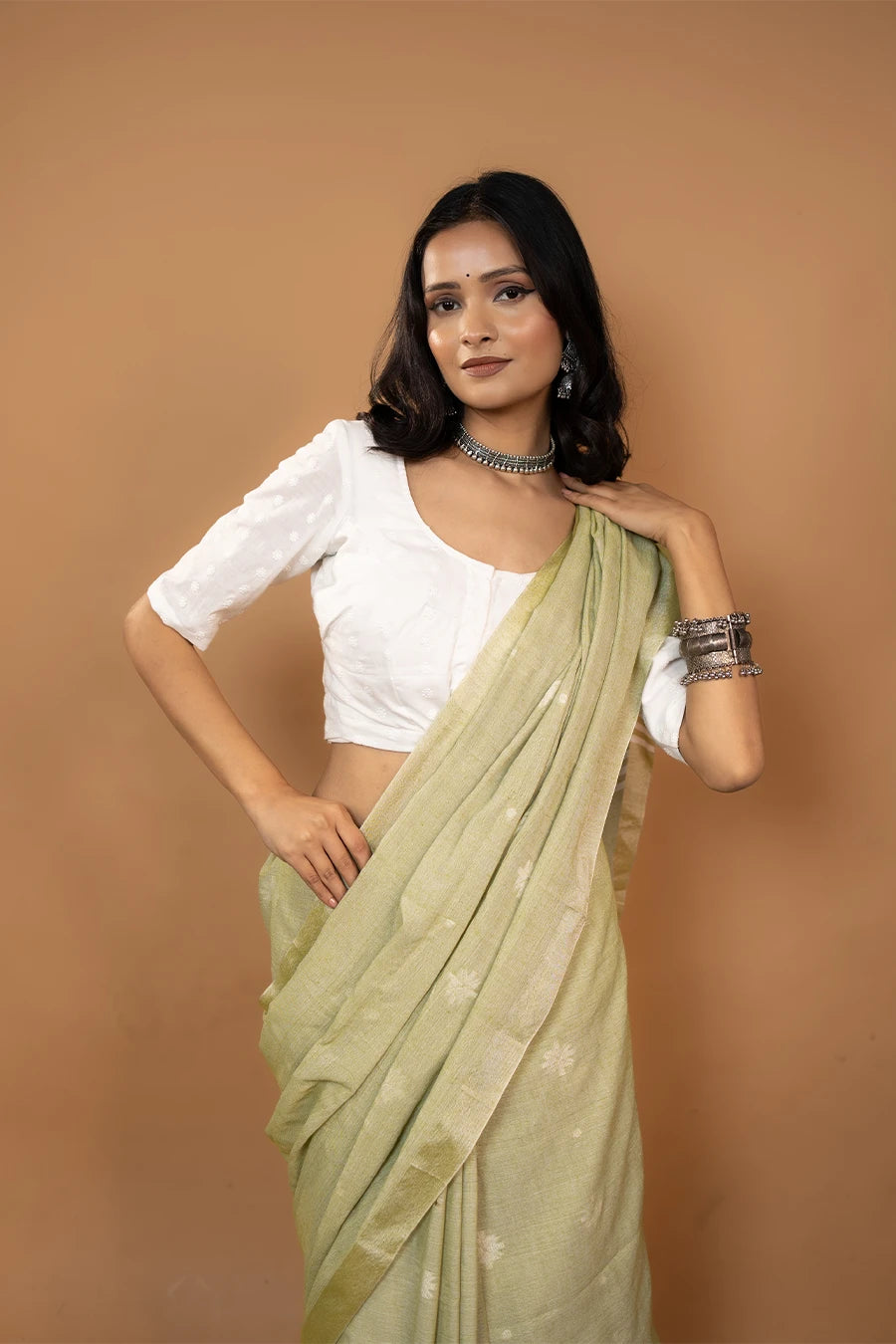 Mrinalini pista green Bengal handloom khadi cotton saree