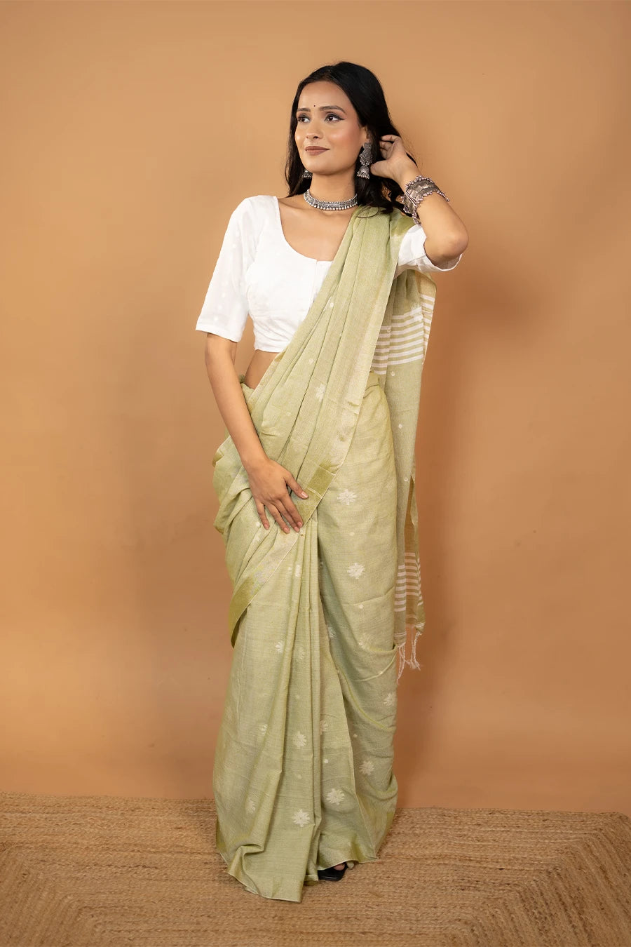 Mrinalini pista green Bengal handloom khadi cotton saree