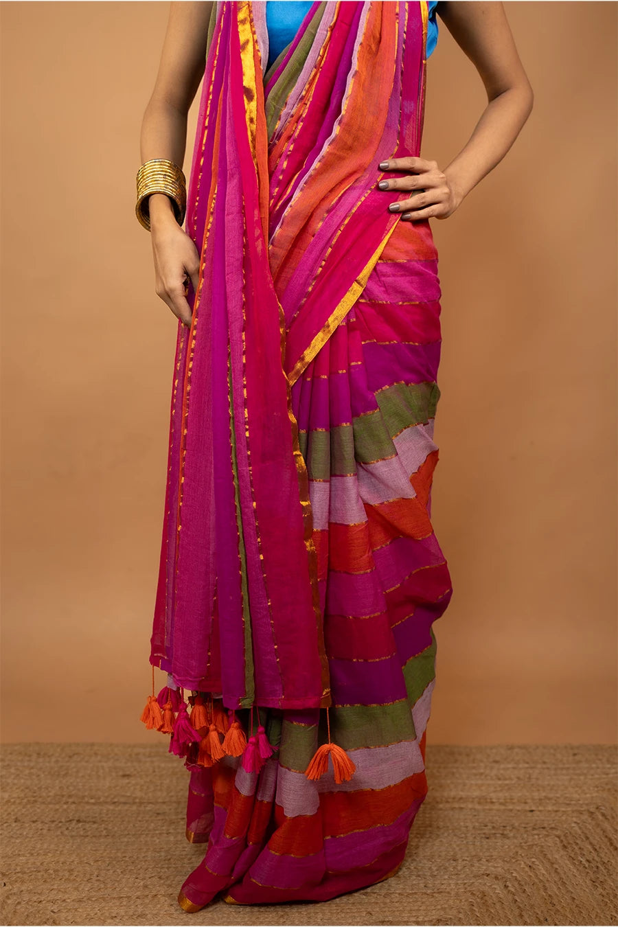 Multi colour striped pure mulmul cotton saree