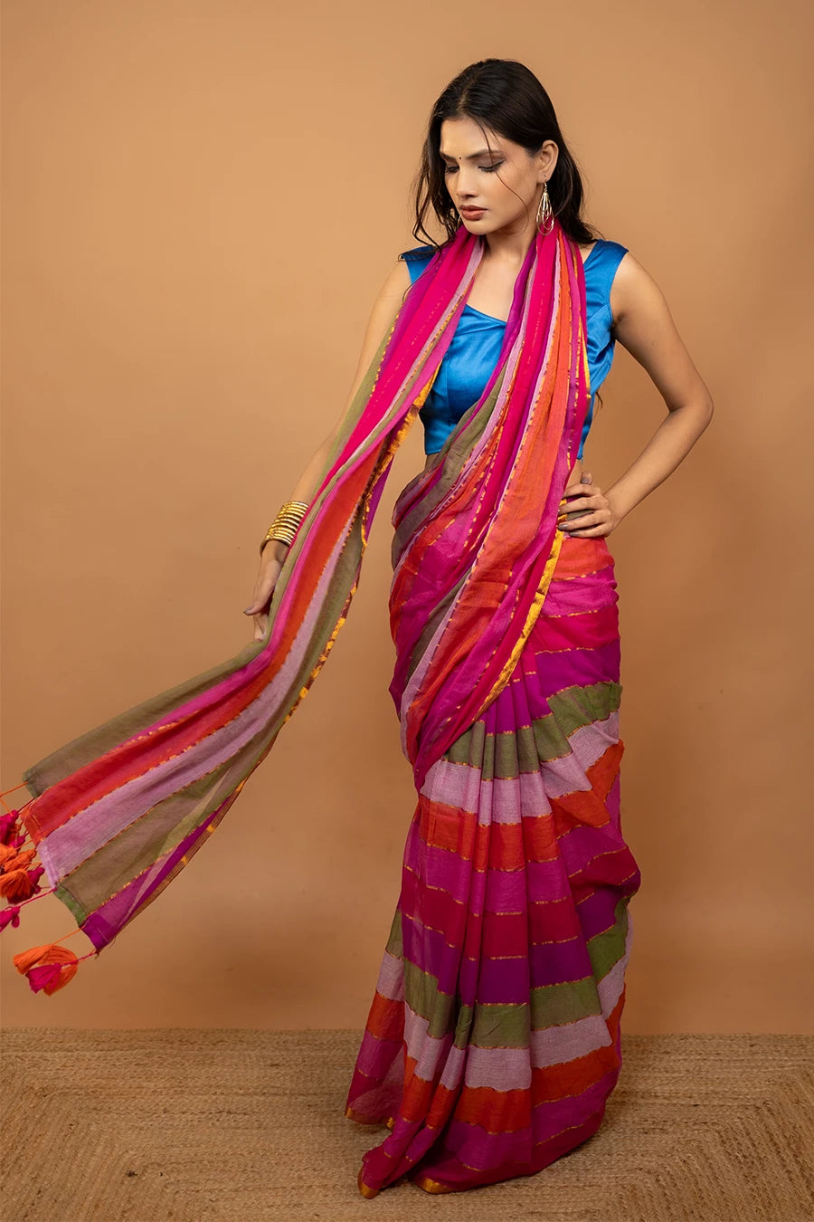 Multi colour striped pure mulmul cotton saree