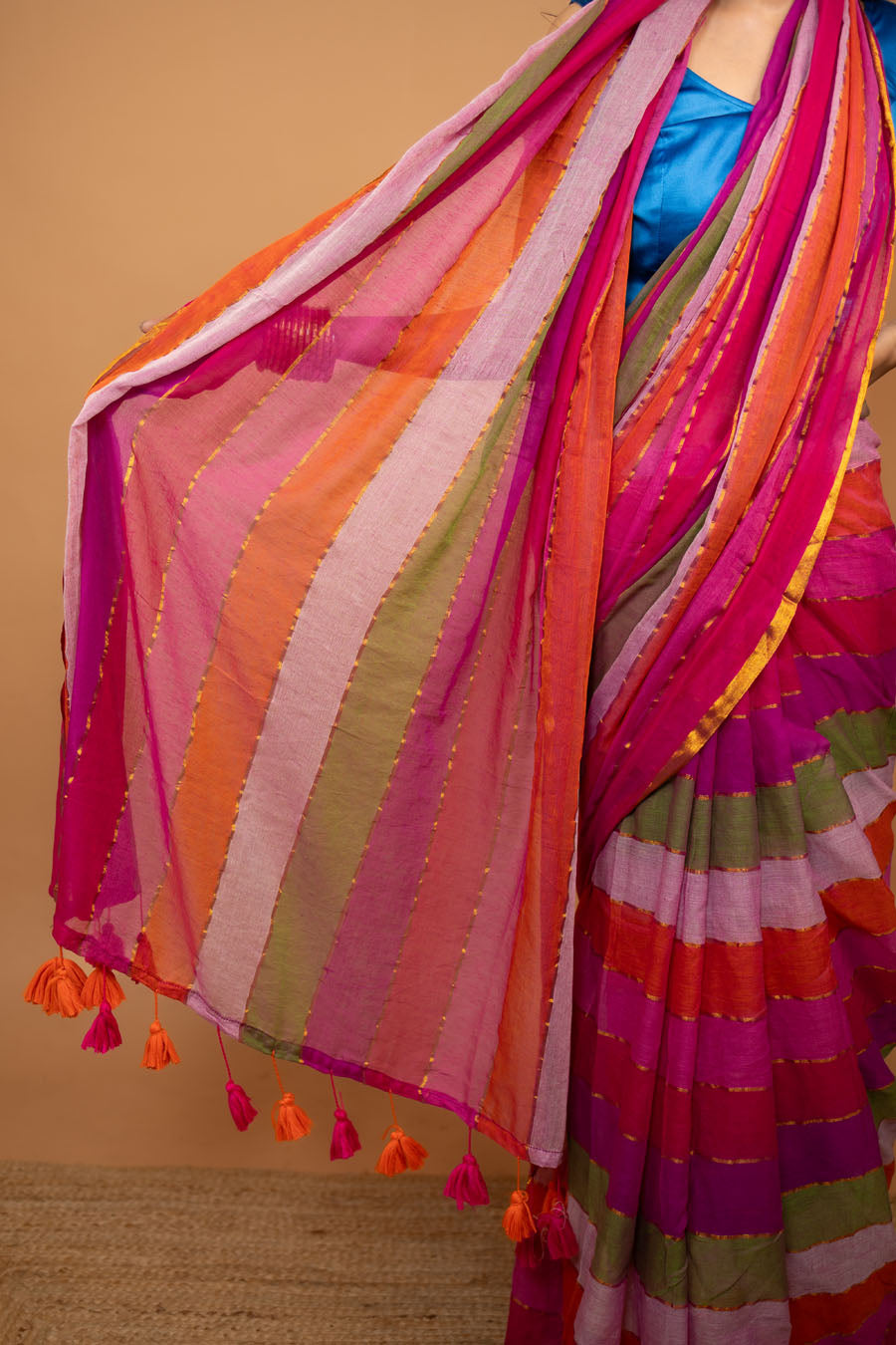 Multi colour striped pure mulmul cotton saree