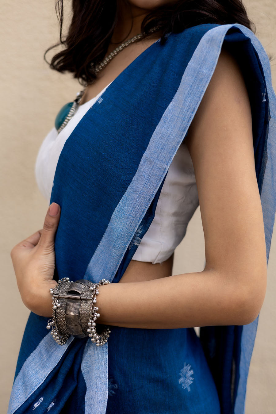 Navy blue Bengal handloom khadi cotton saree