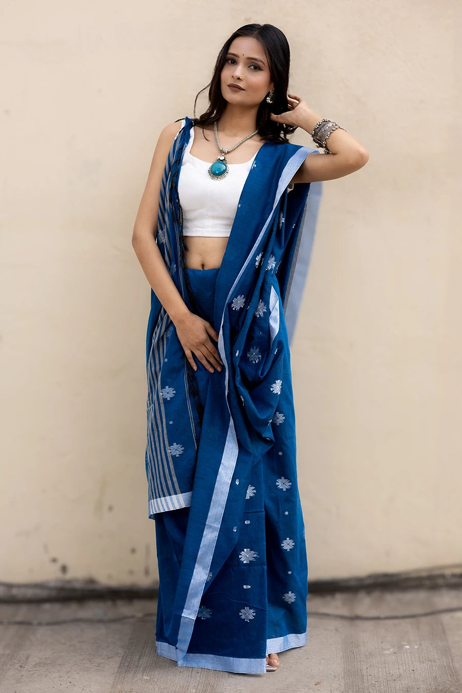 Navy blue Bengal handloom khadi cotton saree