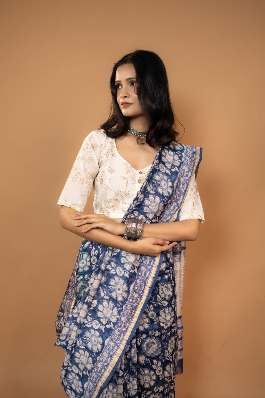 Silk Aura – Navy Blue Hand Block Printed Chanderi Silk Saree MeMaana