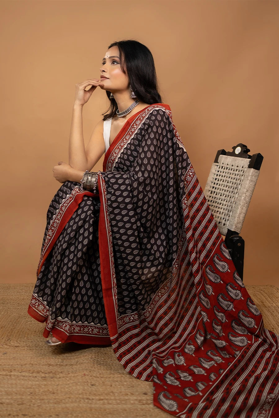 Black hand block printed mulmul cotton saree