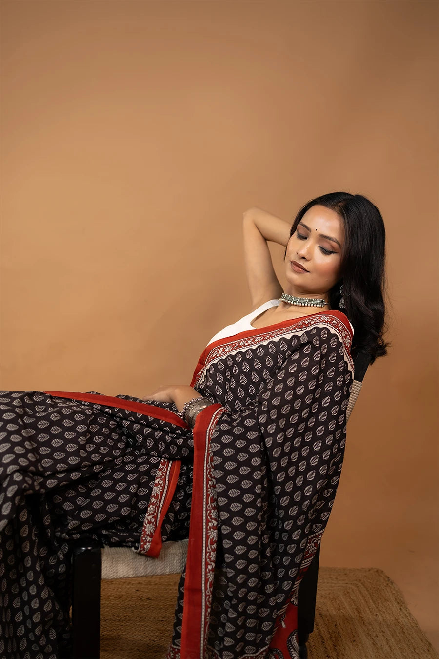 Black hand block printed mulmul cotton saree