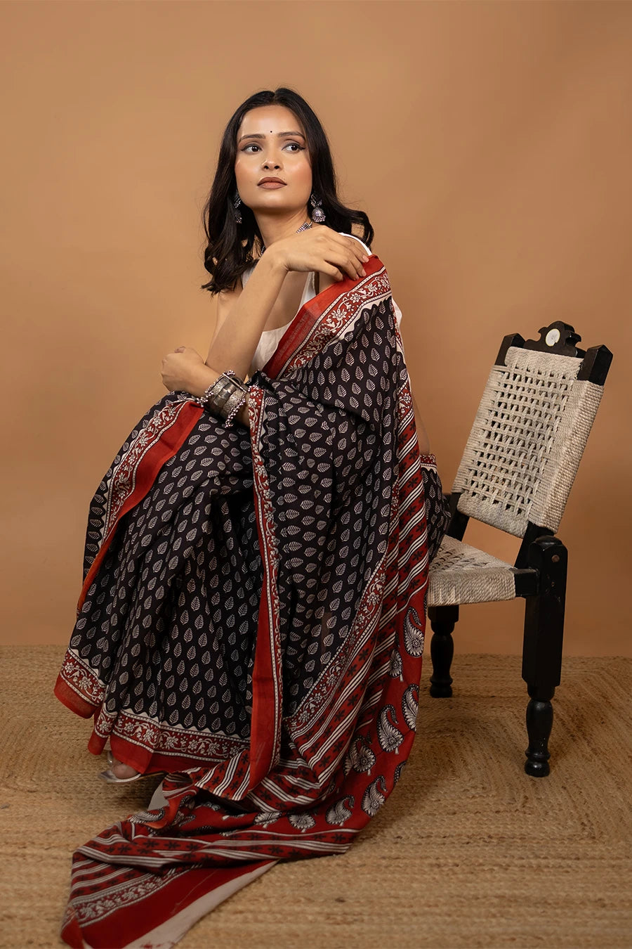 Black hand block printed mulmul cotton saree