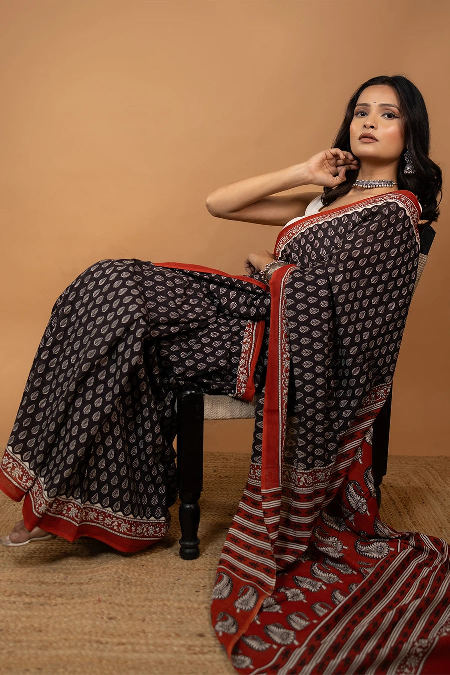 Black hand block printed mulmul cotton saree