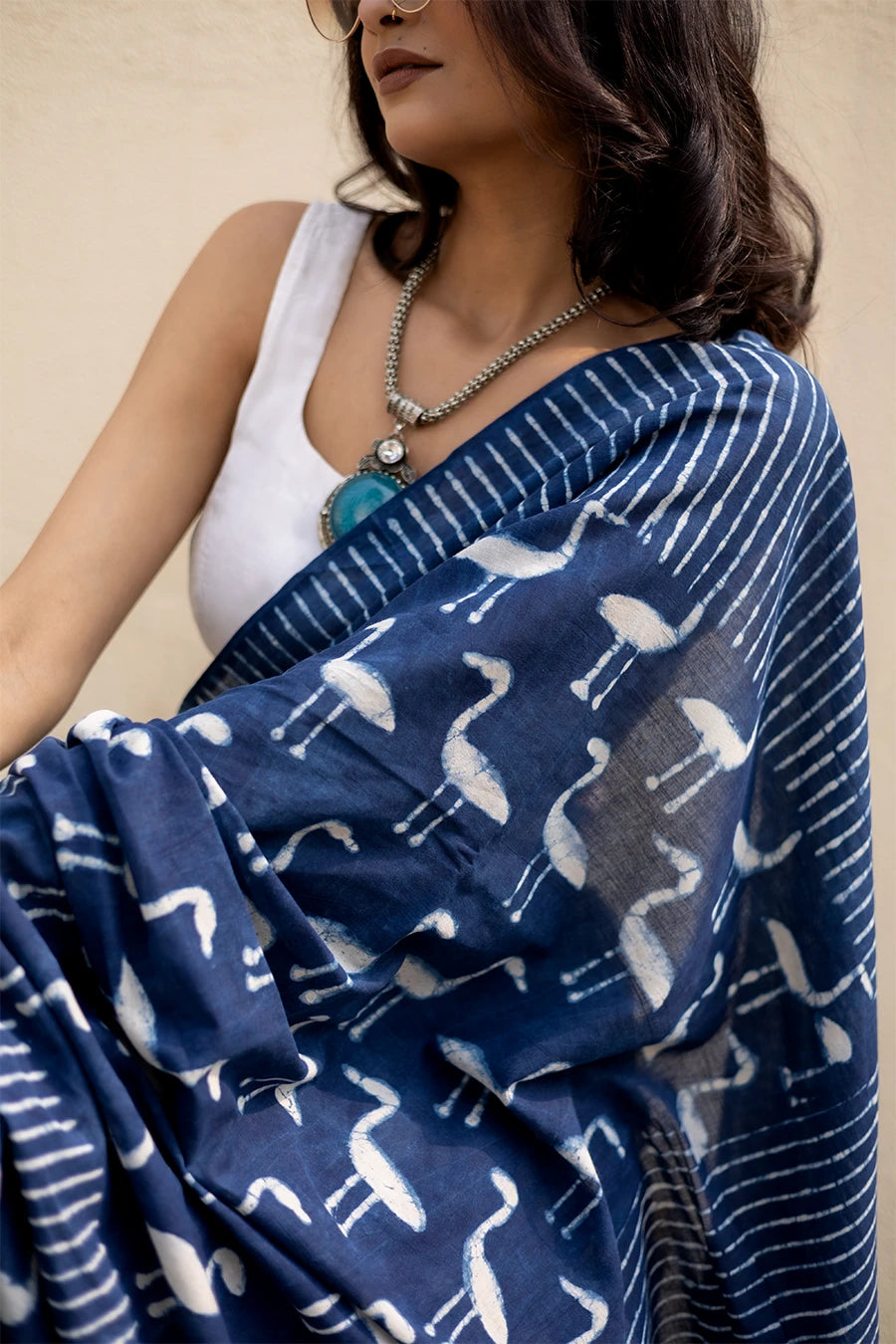 Ocean Muse indigo blue hand block printed mulmul cotton saree