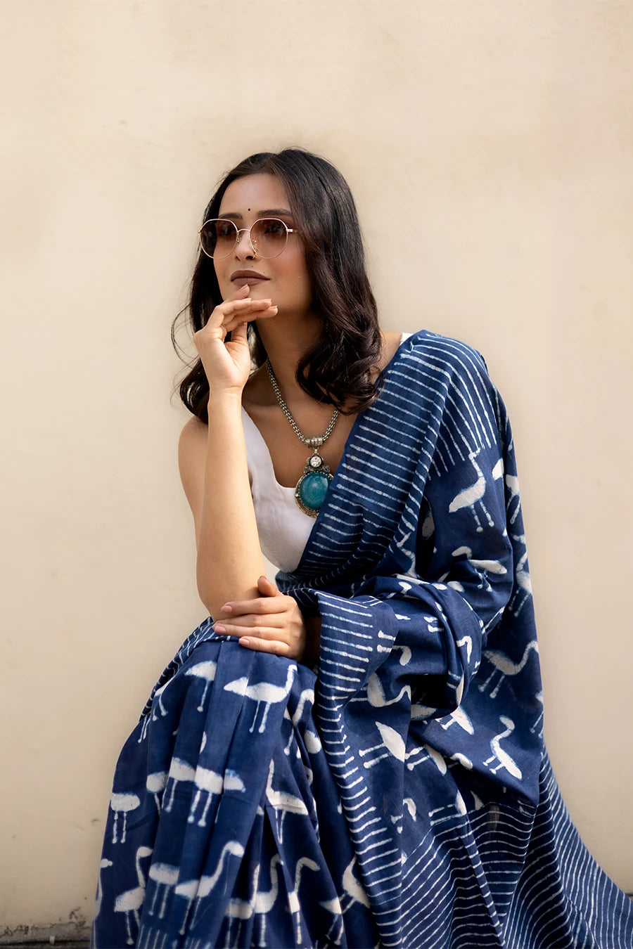 Ocean Muse indigo blue hand block printed mulmul cotton saree