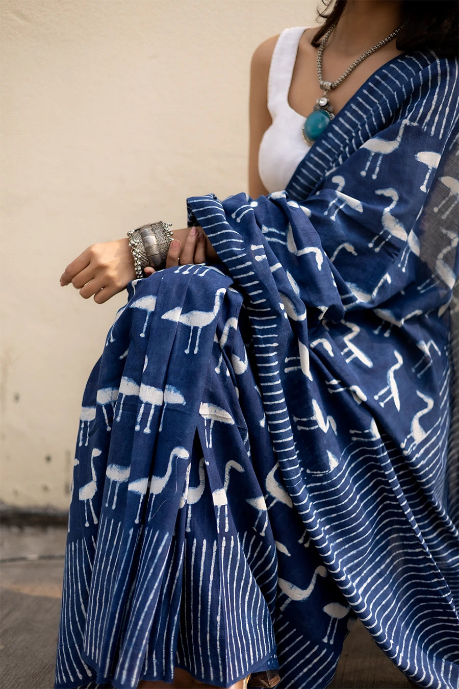 Ocean Muse indigo blue hand block printed mulmul cotton saree