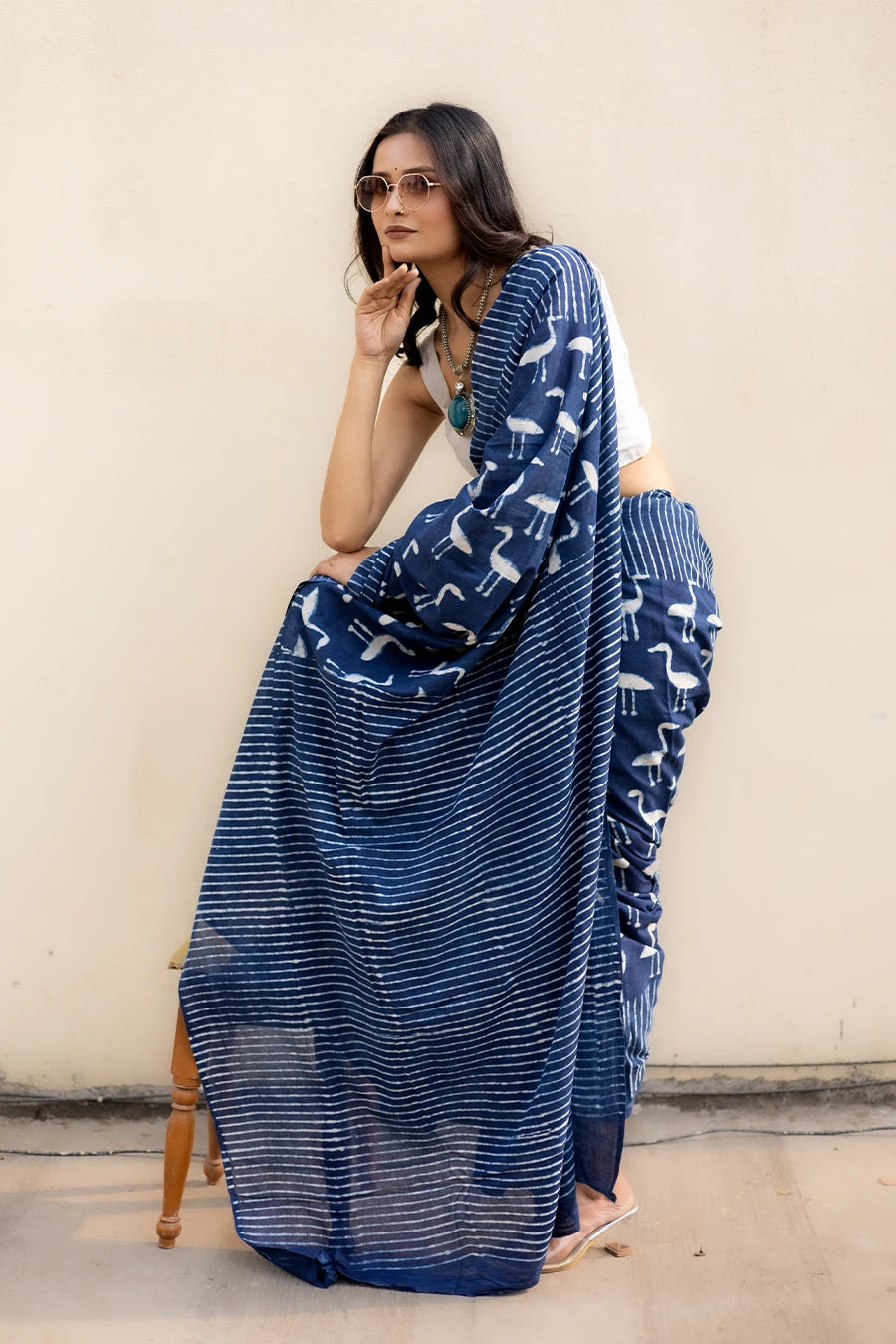 Ocean Muse indigo blue hand block printed mulmul cotton saree