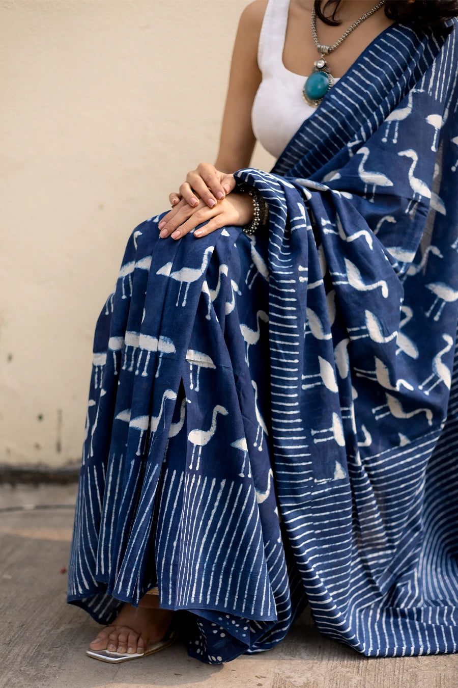 Ocean Muse indigo blue hand block printed mulmul cotton saree
