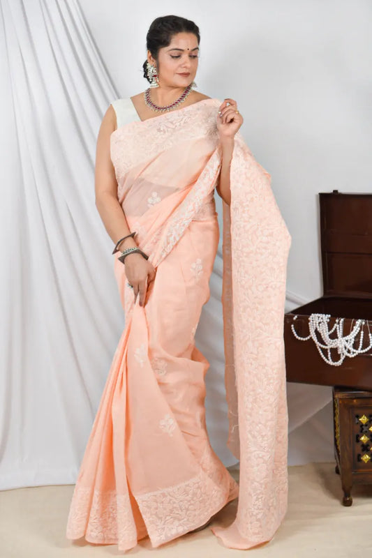 Handcrafted Orange Cotton Designer Saree with intricate Lucknowi Chikankari Embroidery ,With a matching Blouse ideal for Festive and wedding occasions