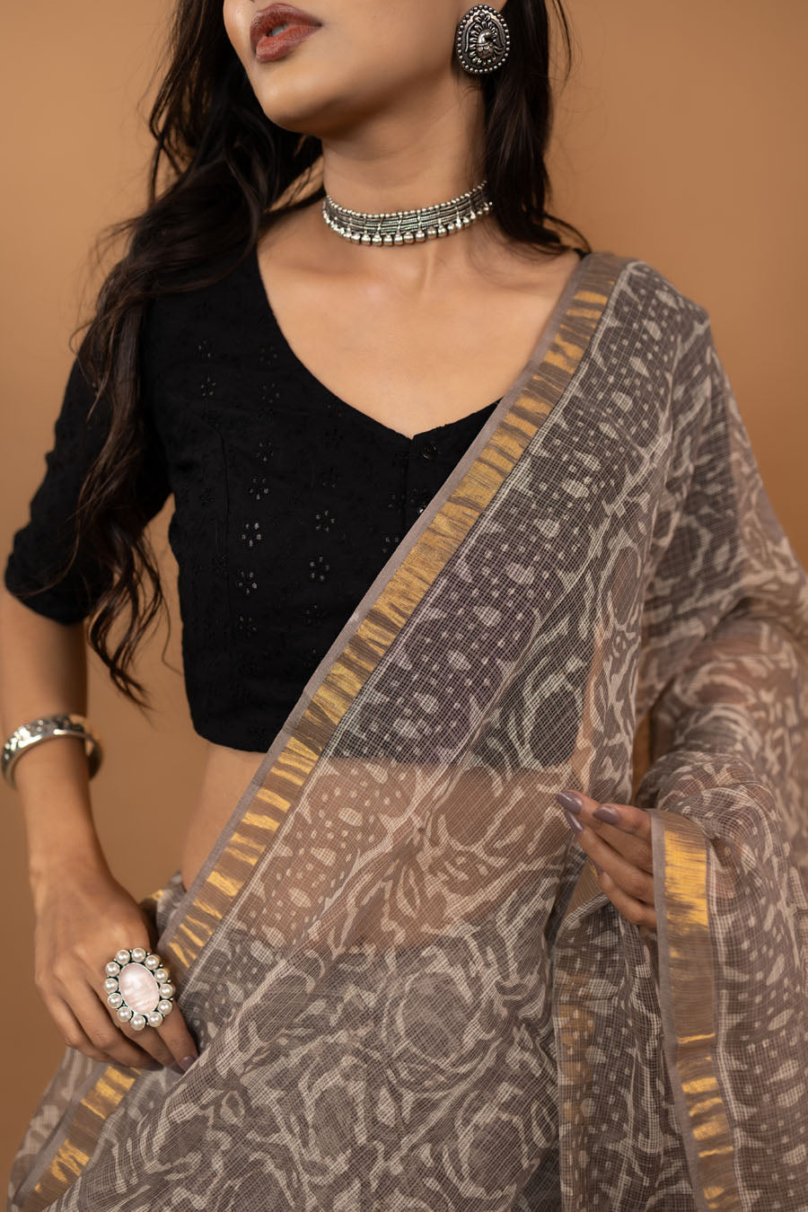 Pattern Couture grey hand block printed pure kota cotton saree
