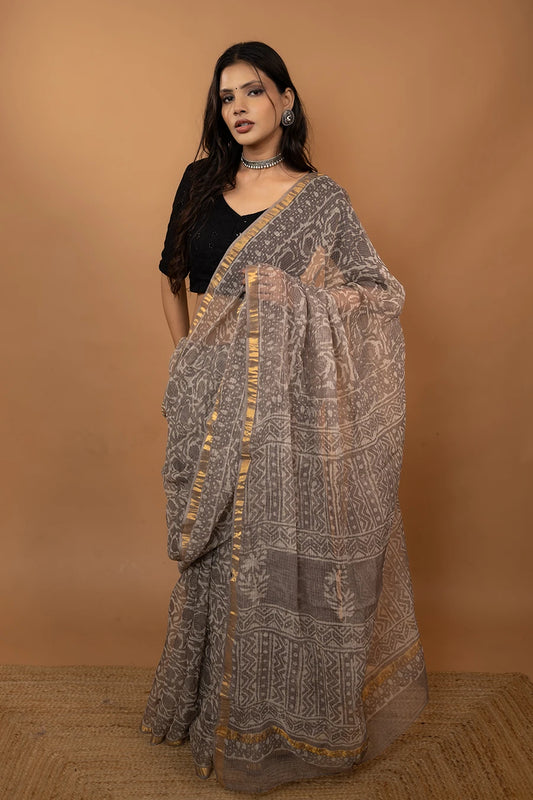 Pattern Couture grey hand block printed pure kota cotton saree