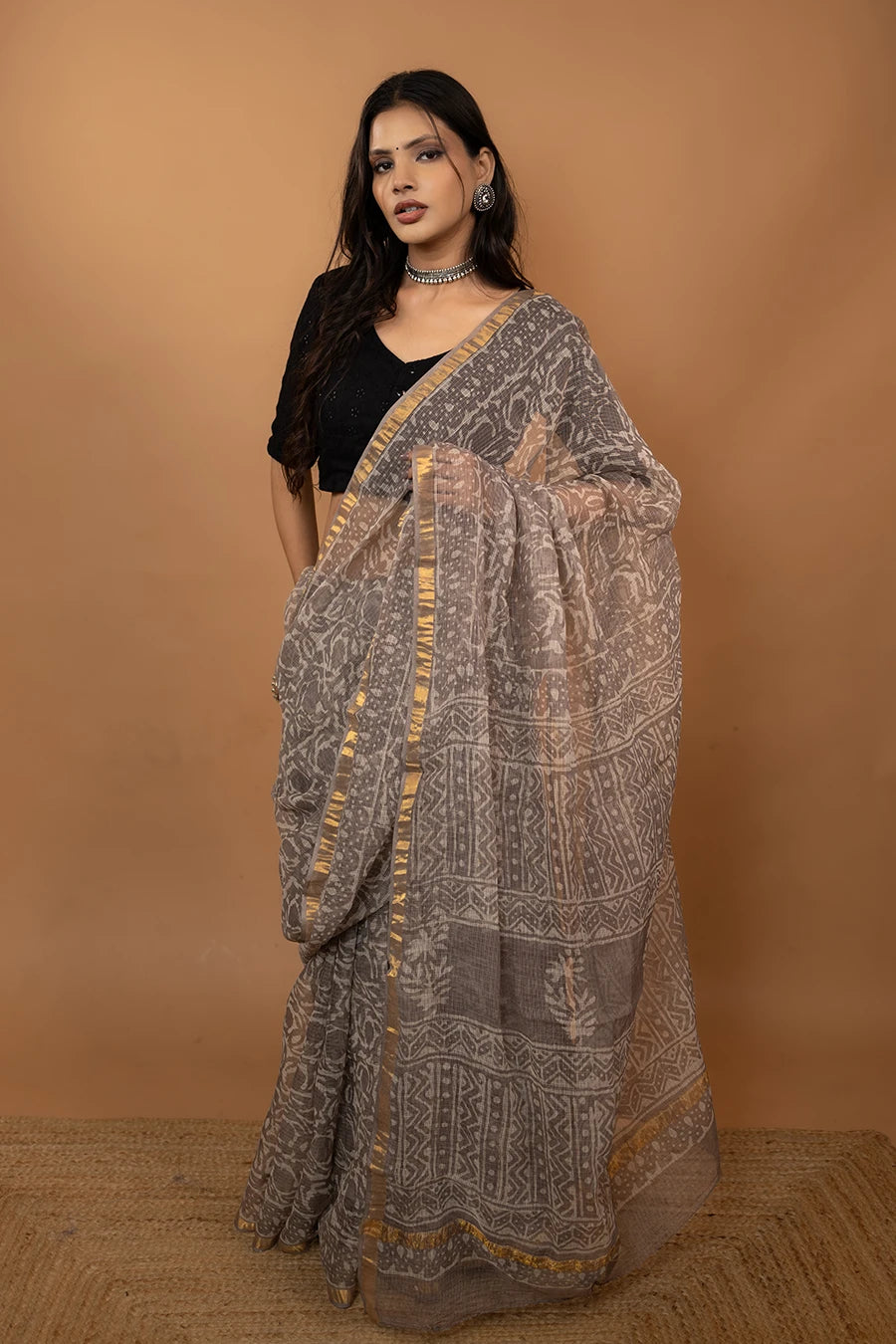 Pattern Couture grey hand block printed pure kota cotton saree