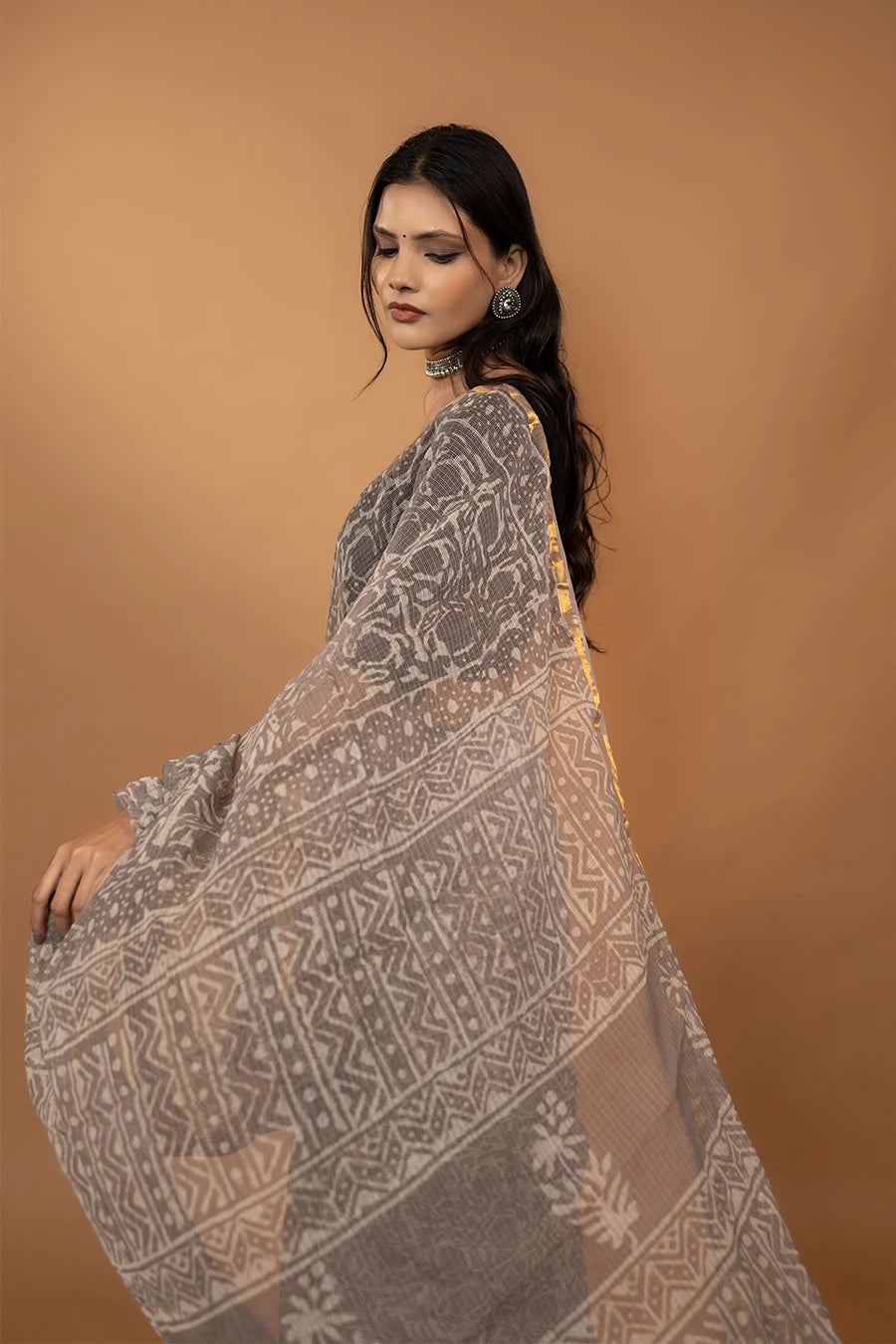 Pattern Couture grey hand block printed pure kota cotton saree