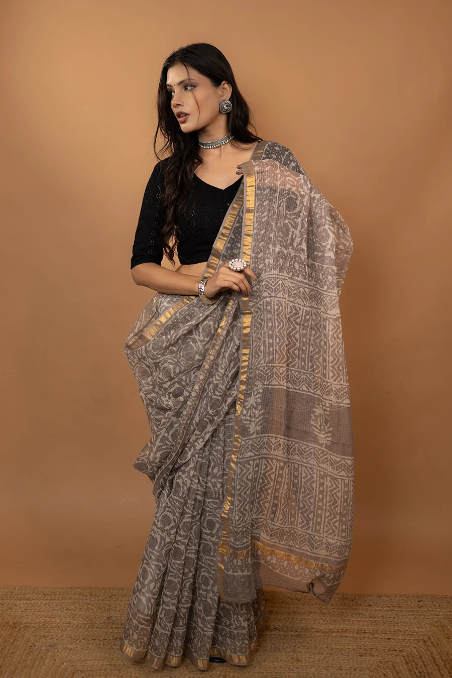 Pattern Couture grey hand block printed pure kota cotton saree