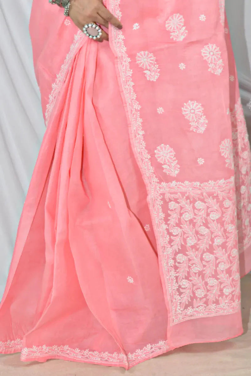 Memaana Handcrafted Peach Cotton Border Palla Chikankari Saree with Blouse Memaana