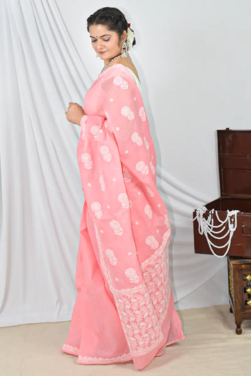 Fabnuma Handcrafted Peach Cotton Border Palla Chikankari Saree with Blouse Fabnuma