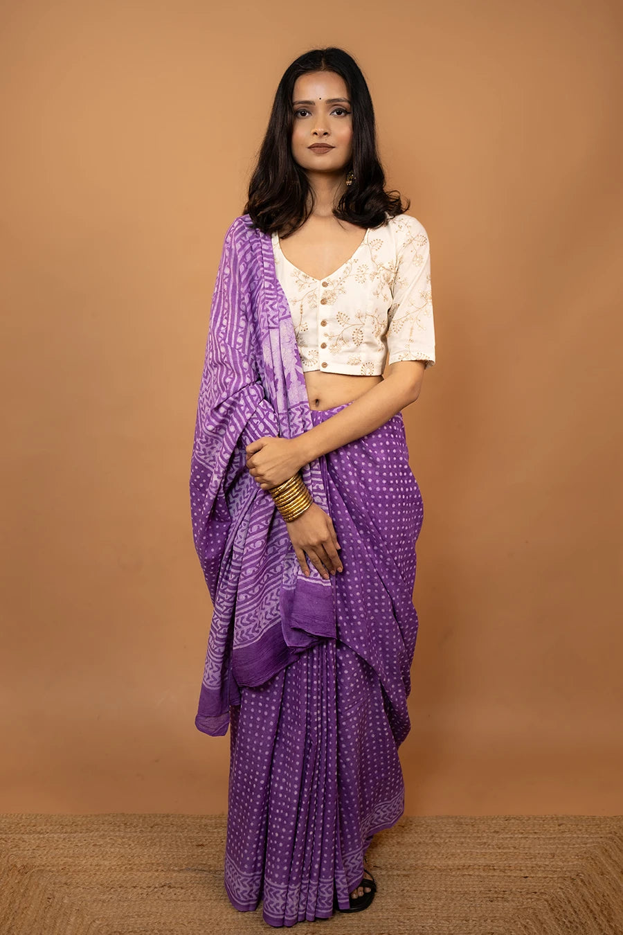 Purple hand block printed mulmul cotton saree