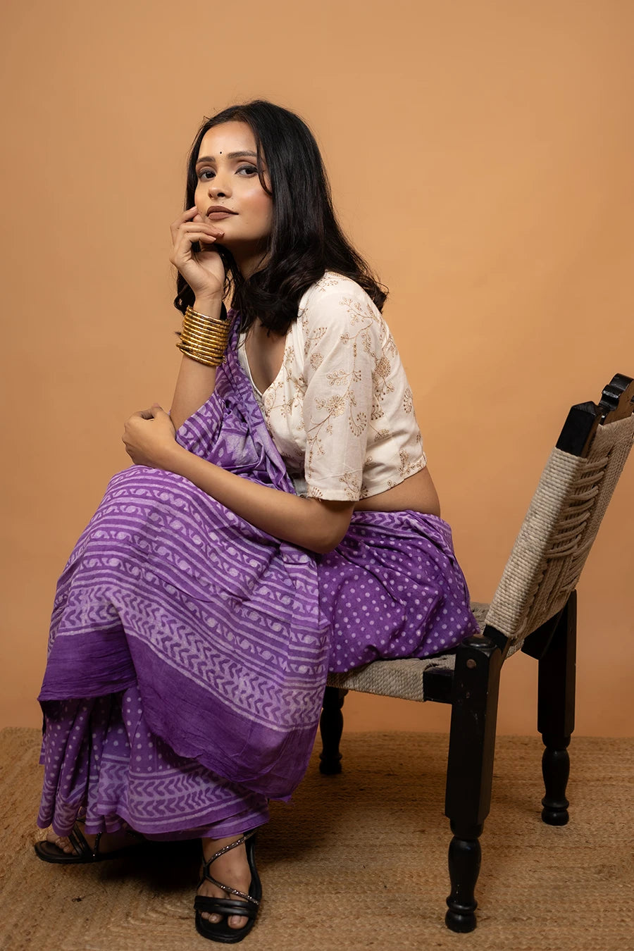 Purple hand block printed mulmul cotton saree