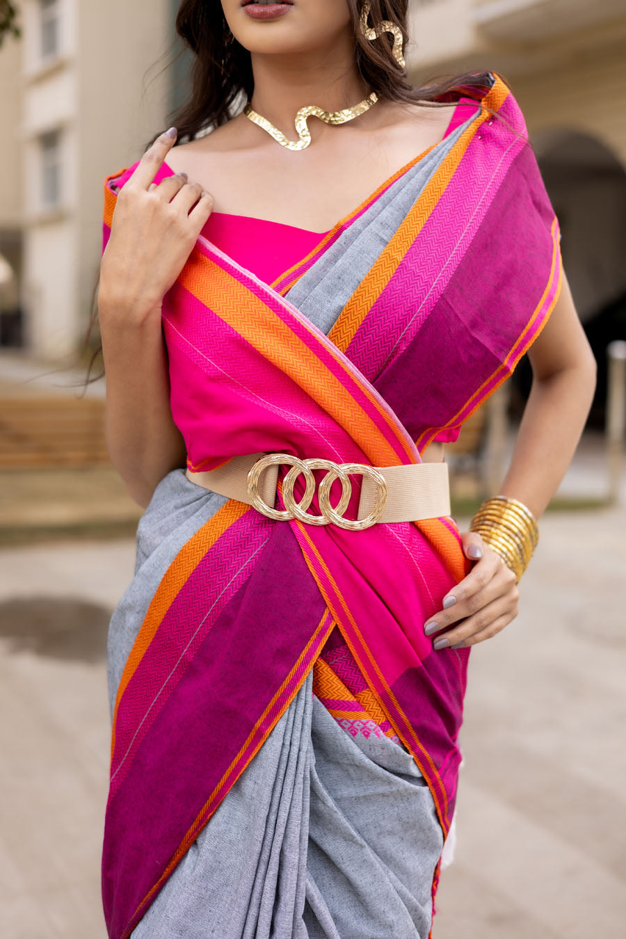 Rangrez grey handwoven Bengal cotton saree