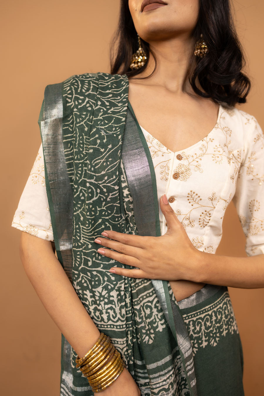 Riva Drape green hand block printed linen cotton saree