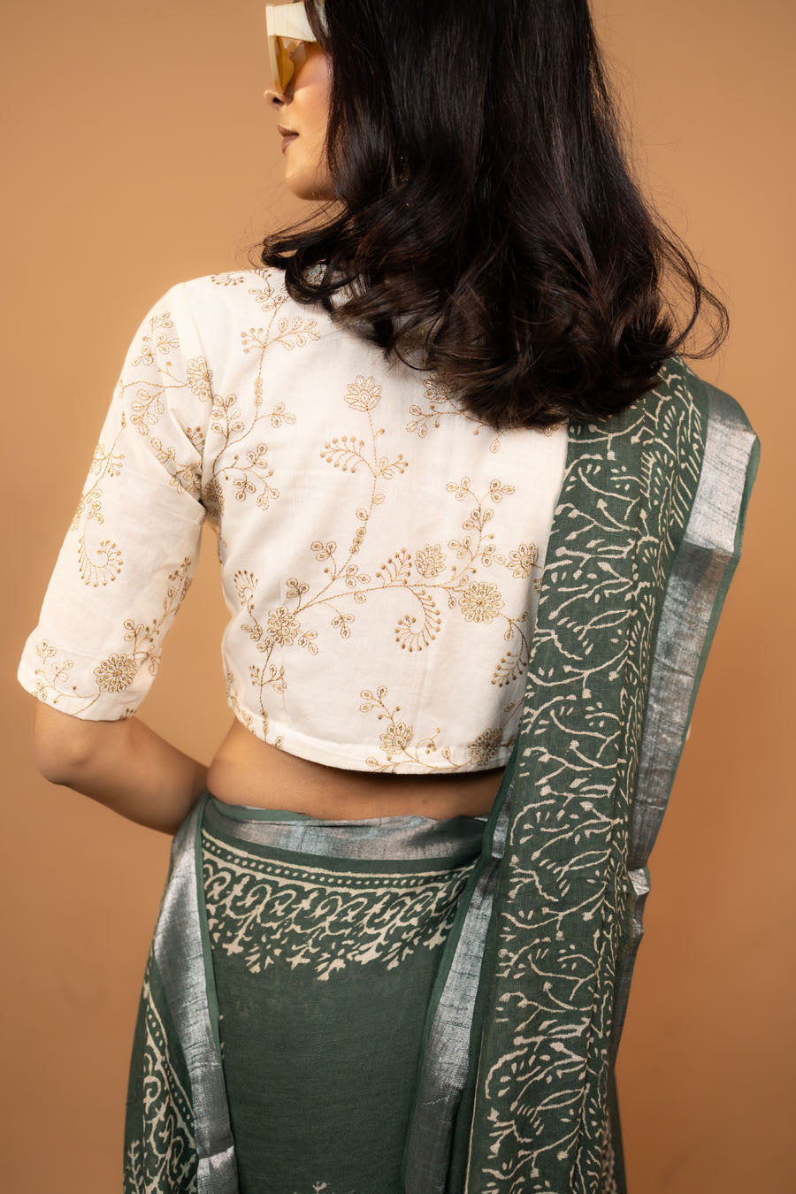 Riva Drape green hand block printed linen cotton saree