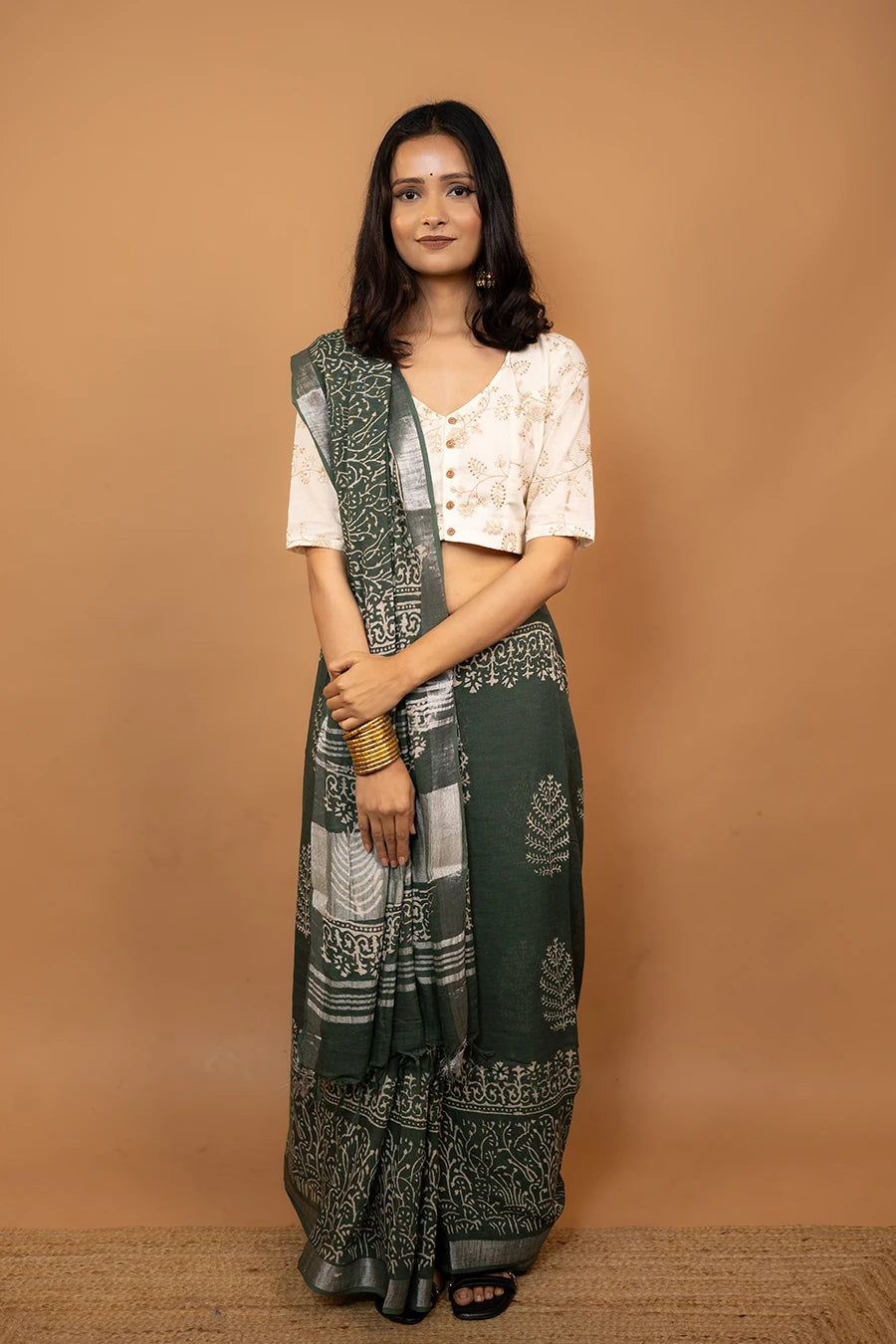Riva Drape green hand block printed linen cotton saree