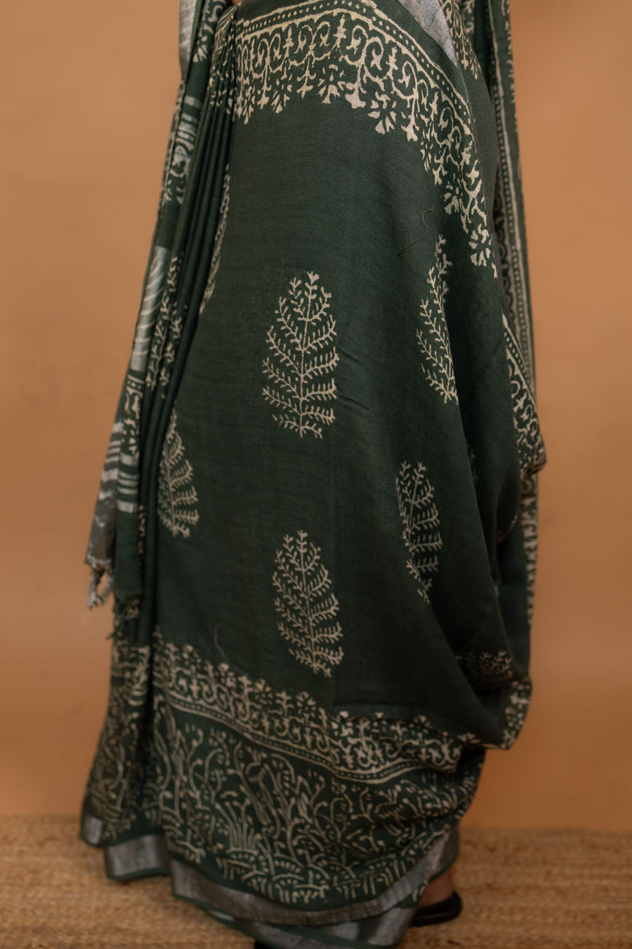 Riva Drape green hand block printed linen cotton saree