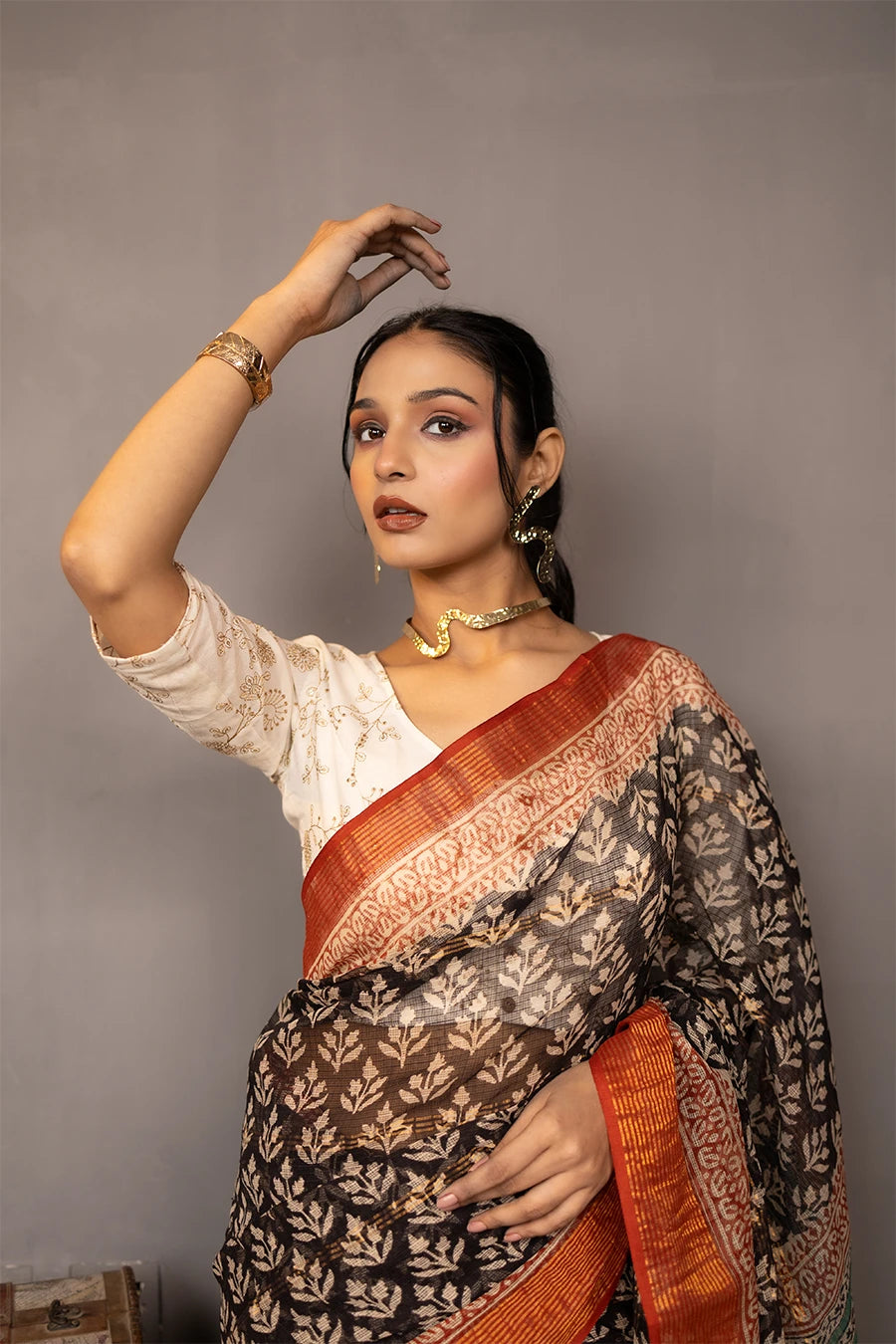 Woman wearing a traditional saree with a patterned design, standing next to vintage suitcases on a textured surface.