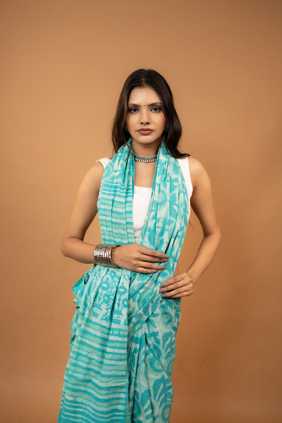 Sea green hand block printed mulmul cotton saree