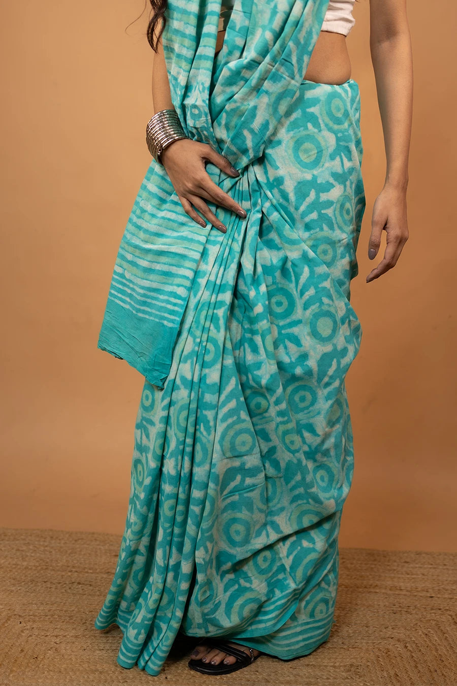 Sea green hand block printed mulmul cotton saree