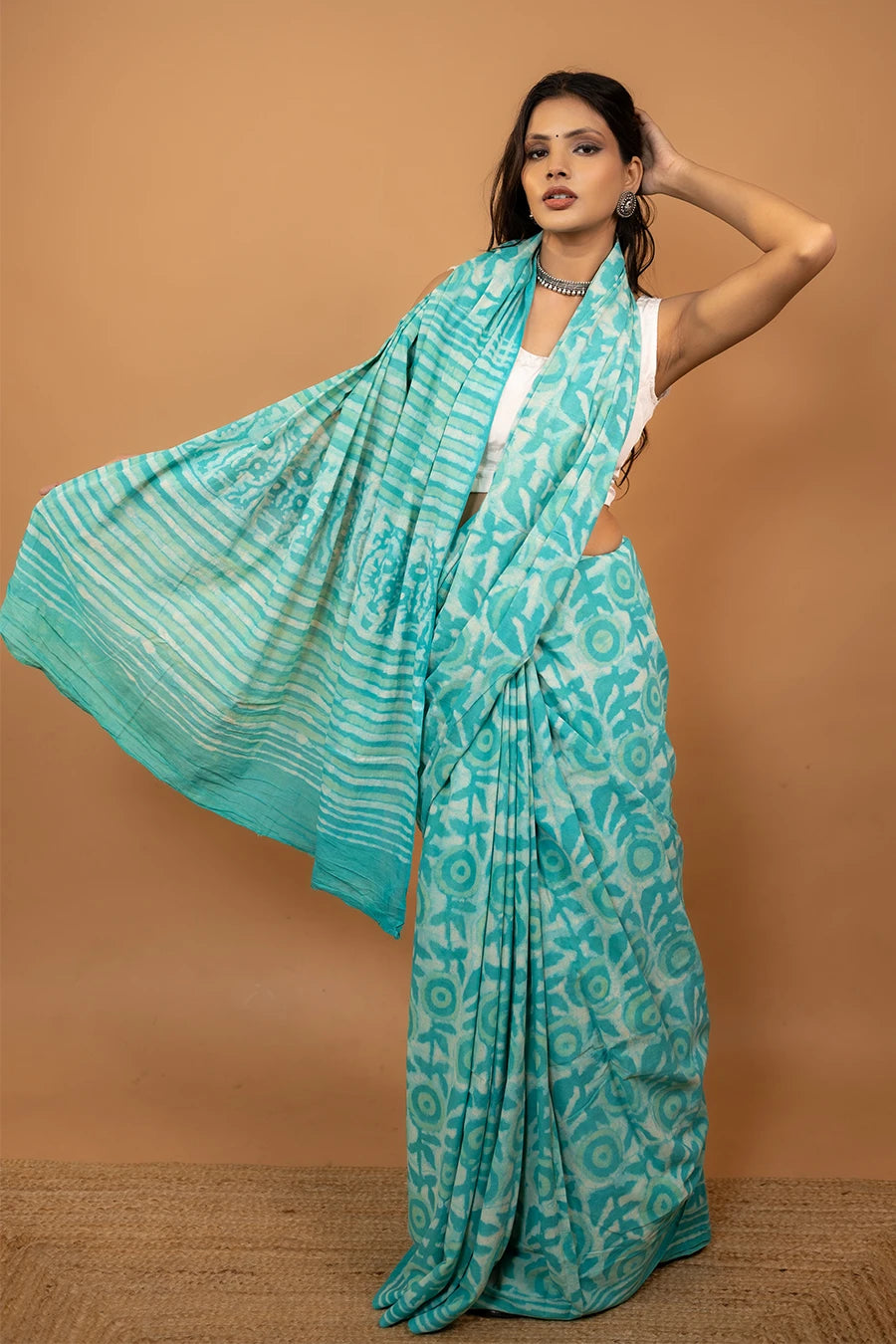 Sea green hand block printed mulmul cotton saree